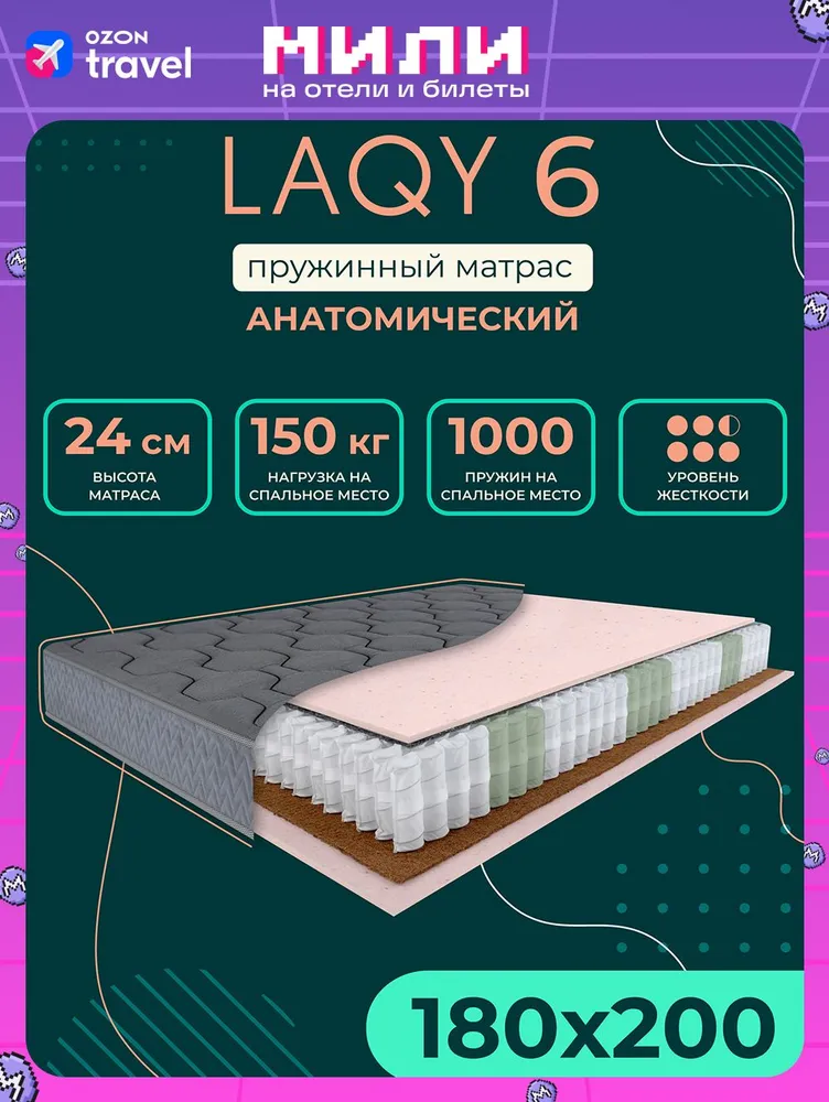 Матрас LAQY qiqa, Независимые пружины, 180x200 см