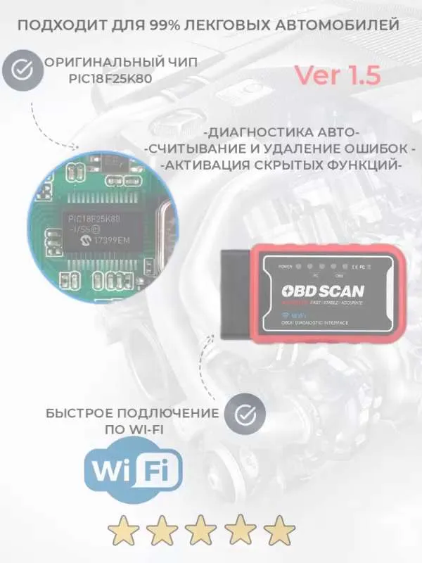 Диагностический сканер OB D2 адаптер для диагностики автомобиля Kingbolen EL M327 V1.5/ IOS/ ANDROID/ Wi- Fi