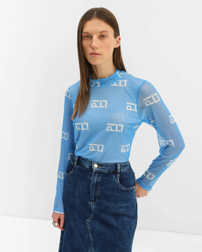 Блузка Женский Pill синий Полиэстер, Эластан Стразы Длинный Надписи, размер 46, 48 полуприталенный Без застежки вентиляция, воздухопроницаемость Турция Повседневный