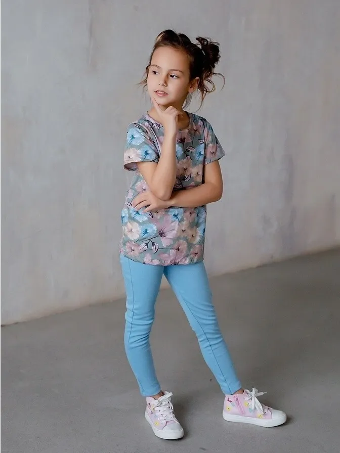 Костюм спортивный Девочки SOV Alina Повседневный с легинсами, двойка голубой, размер 134 Кулирная гладь, Интерлок Фитнес Цветочный, Разноцветный, рост 134 УФ-защита Россия На любой сезон Без застежки