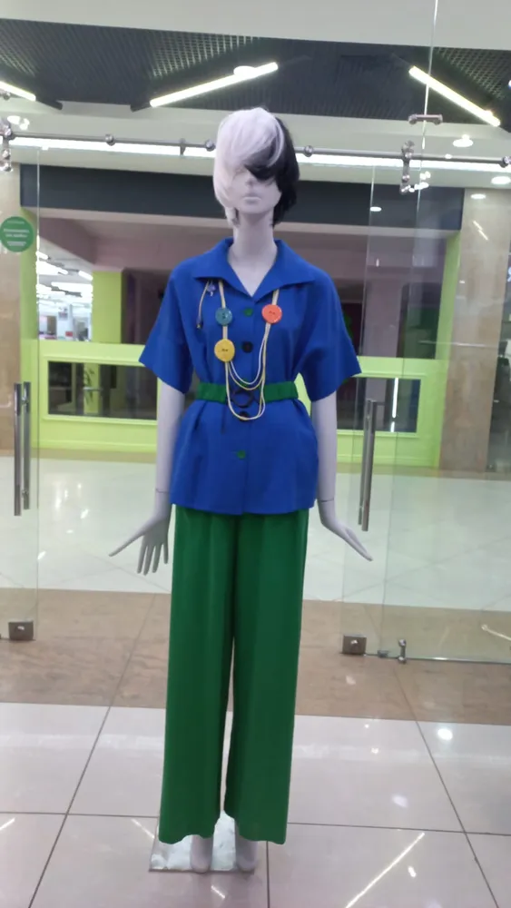 Костюм классический Женский Verda Повседневный брючный, двойка зеленый, синий кобальт, размер 46 Тенсель Подвески, Декоративные пуговицы Турция Лето Пояс, Пуговицы