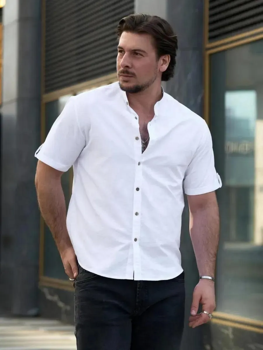 Рубашка с коротким рукавом и воротником стойкой