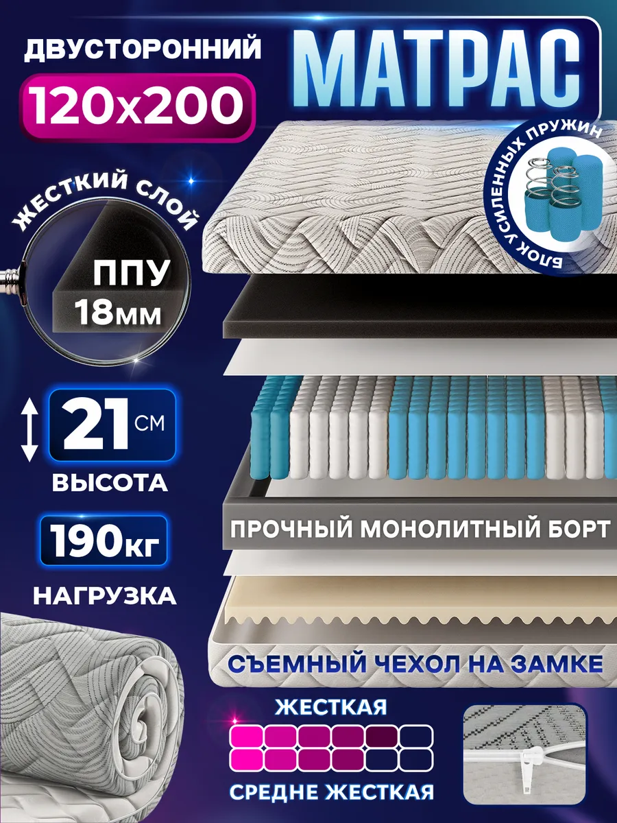 Полутороспальный матрас 120х200 на кровать и диван пружинный