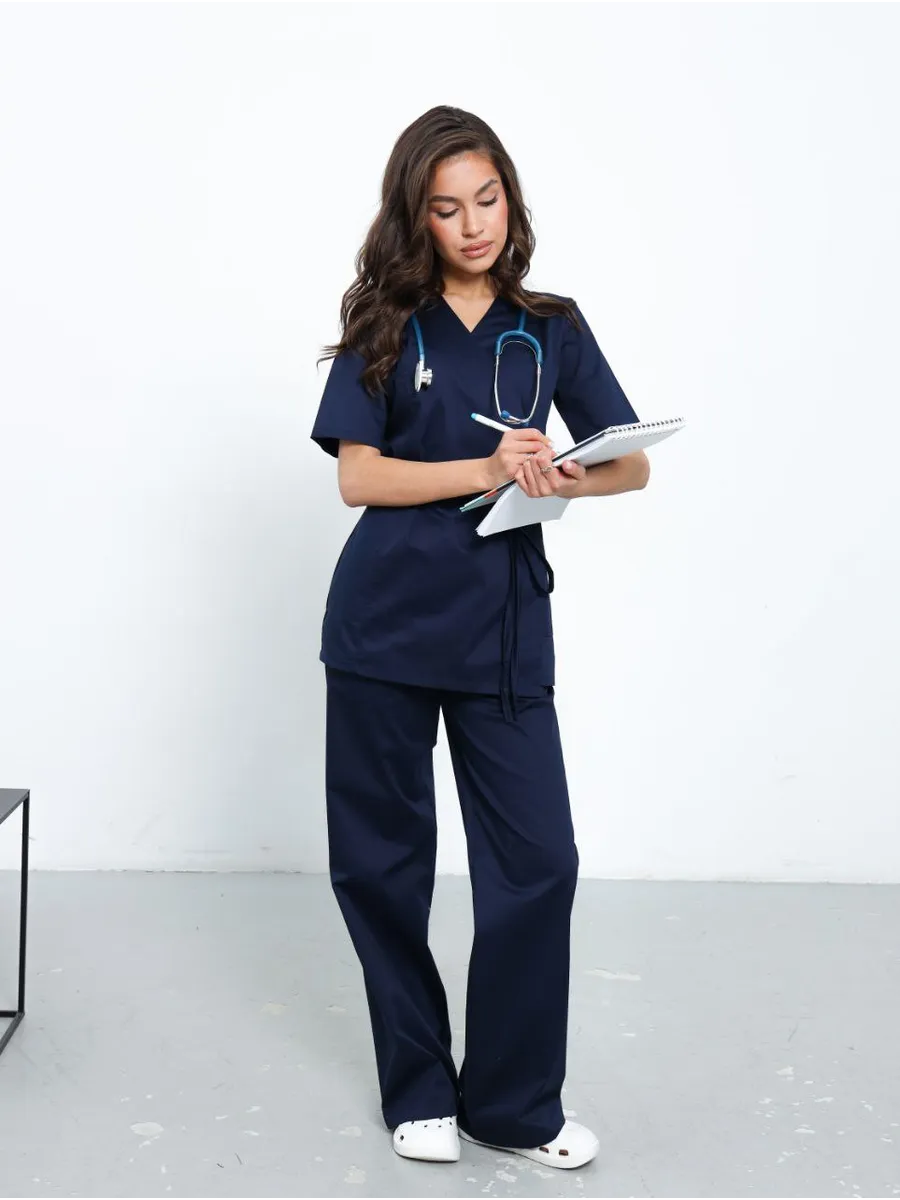 Медицинский костюм стрейч на запах с брюками палаццо