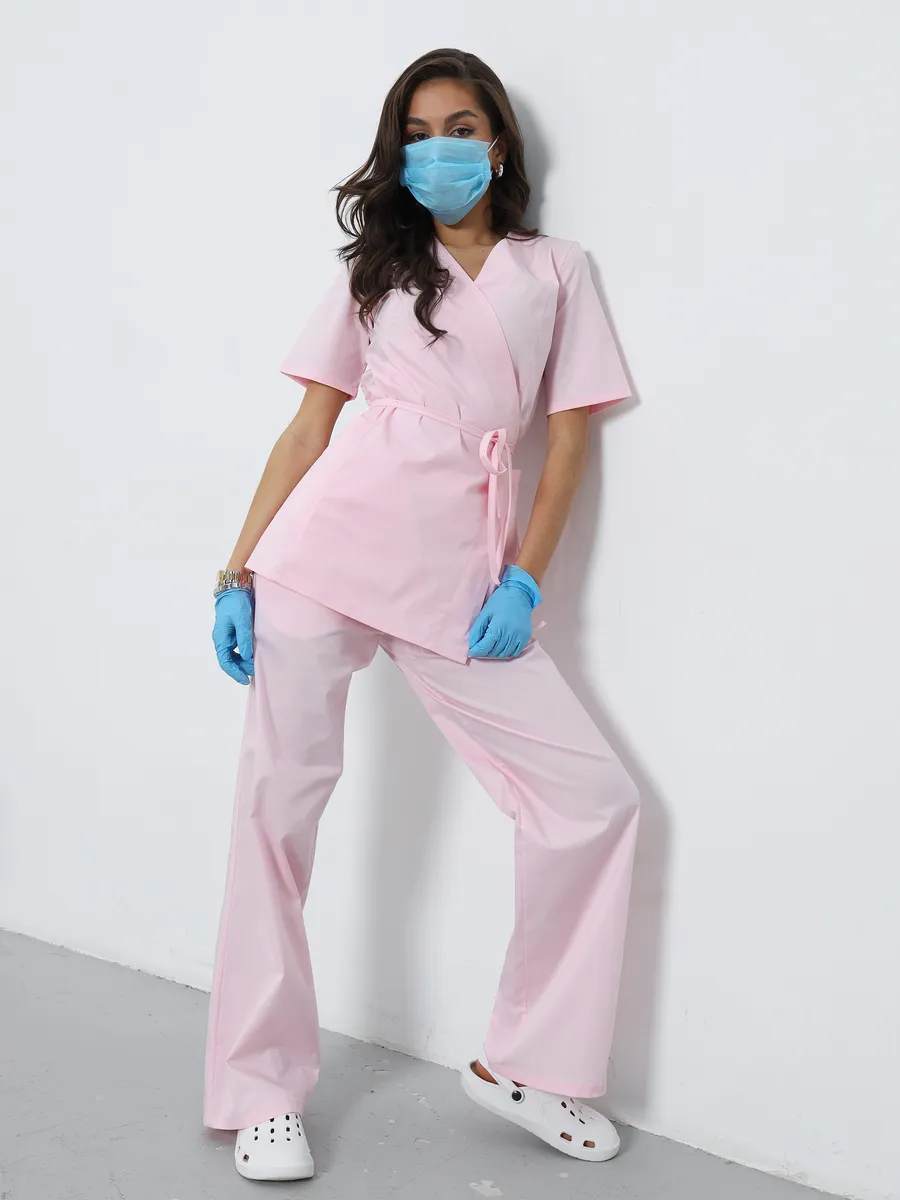 Медицинский костюм стрейч на запах с брюками палаццо