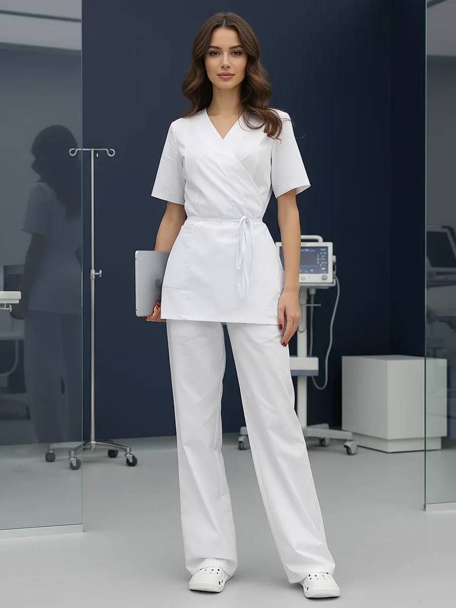 Медицинский костюм стрейч на запах с брюками палаццо