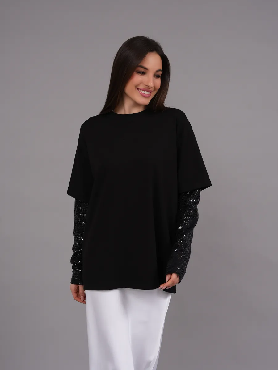 Футболка лонгслив с пайетками оверсайз с длинным рукавом