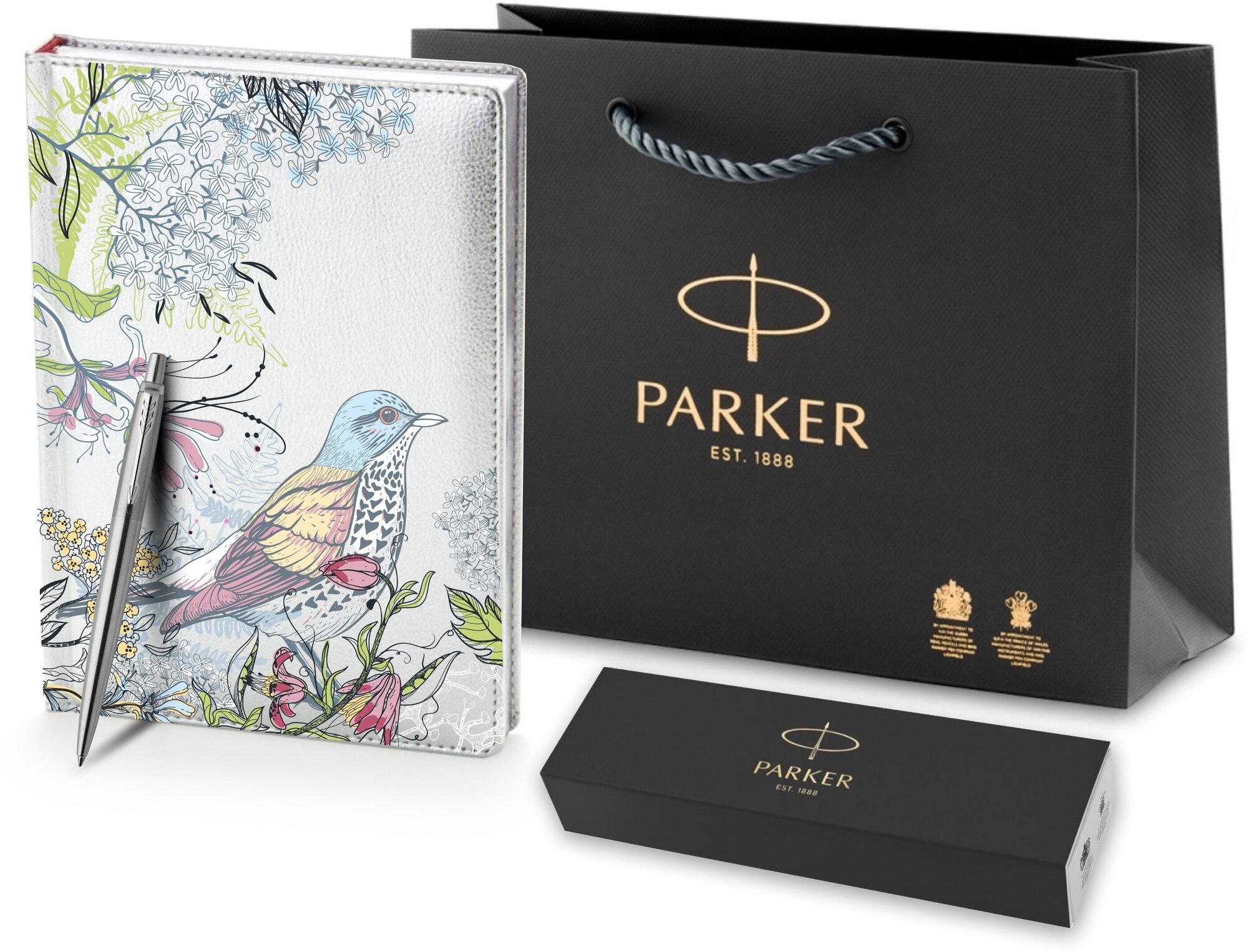 Подарочный набор:  Шариковая ручка  Parker  Jotter  Essential,  St.  Steel  С T, стержень:  Mblue и ежедневник недатированный серебристый