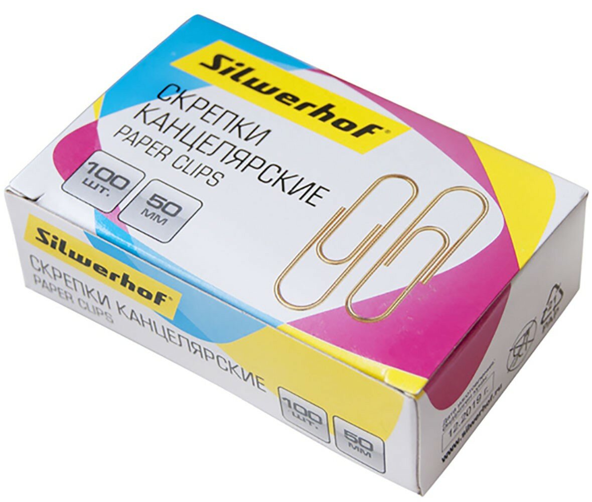 Скрепки канцелярские, металлические, золотистые, 50 мм, 100 шт. (491040/1196476)