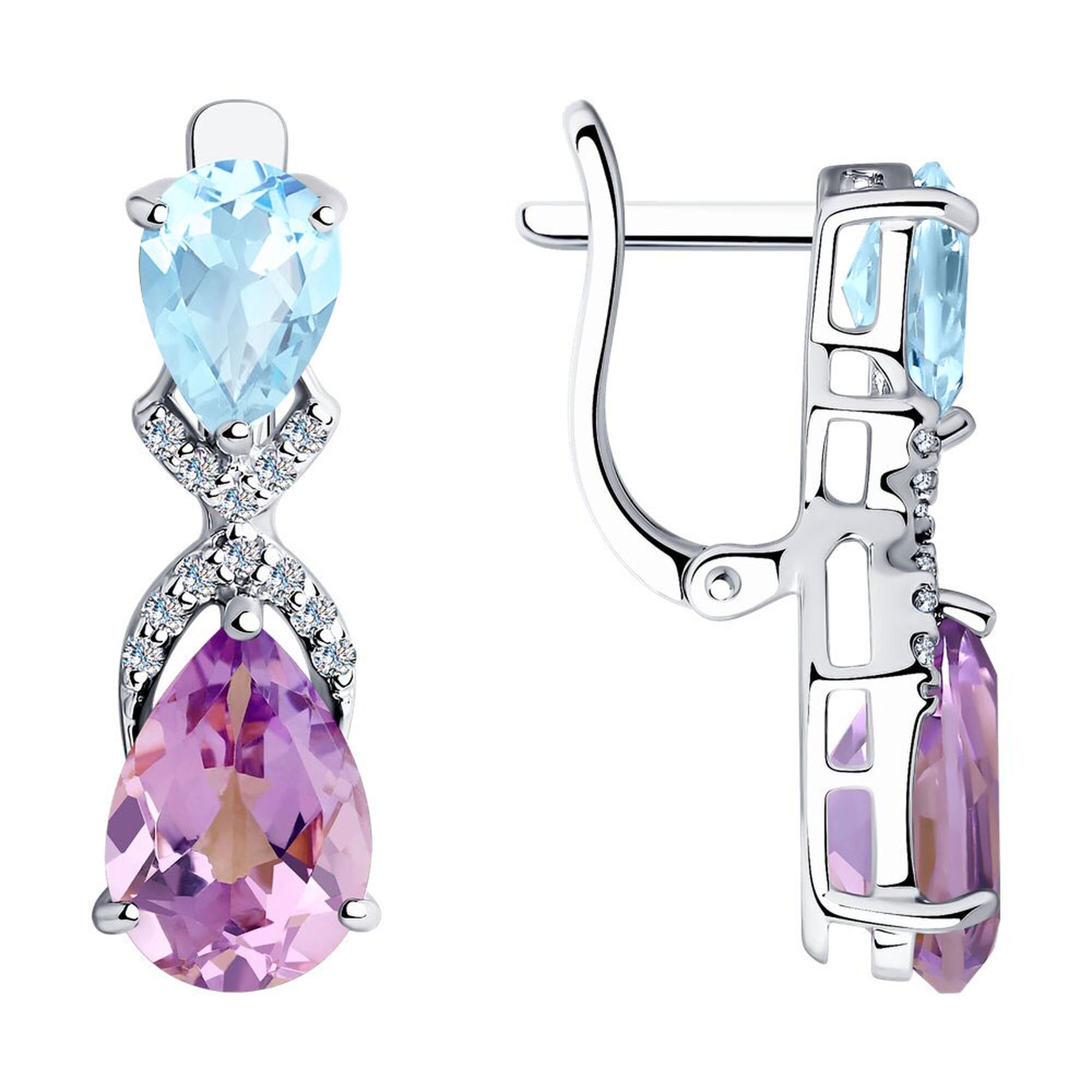 Серьги Diamant online, серебро, 925 проба, родирование, топаз, аметист, фианит