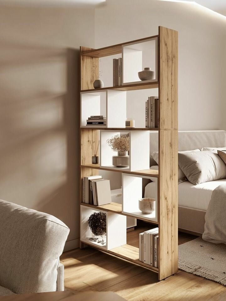 Стеллаж деревянный для игрушек, для книг, стеллаж-перегородка напольный, Рэймо, Белый/ Дуб, ( Шх Вх Г) 90х180х21 см